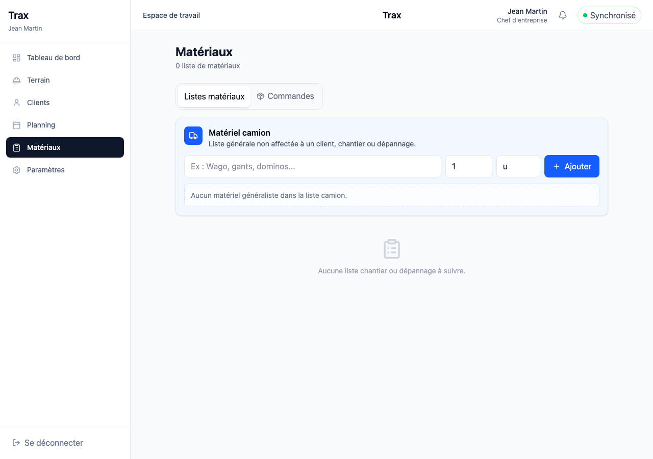Page Matériaux et commandes — vue bureau